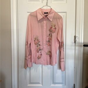 Floral Embroidered Pink Button Down Shirt